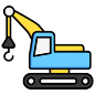 A detailed vector illustration of a construction crane, featuring a hook and extended boom, isolated on a transparent background